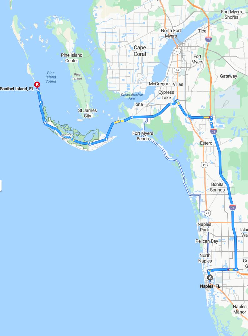 driving from Naples, Florida to Sanibel IslandFlorida - map and route