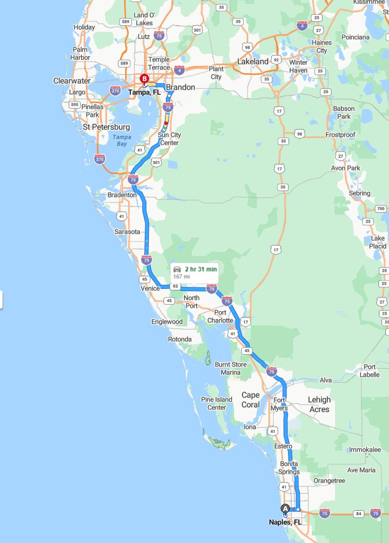 driving from Naples, Florida to TampaFlorida - map and route