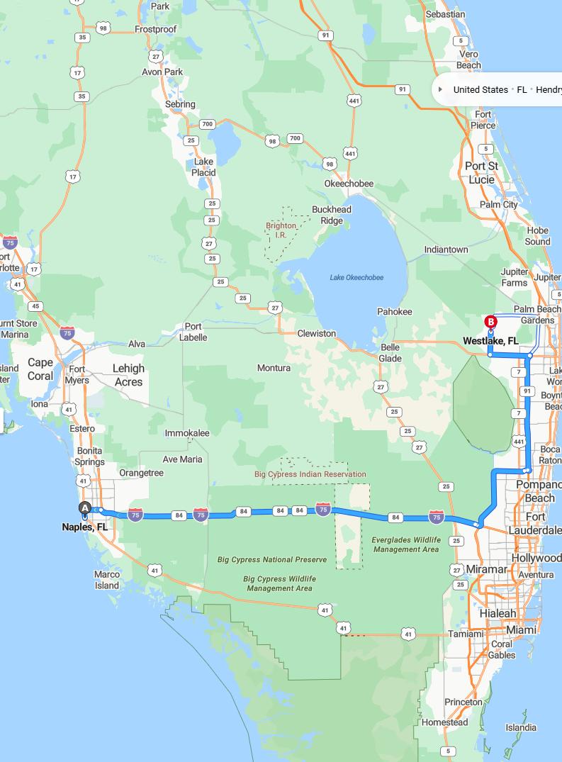 driving from Naples, Florida to WestlakeFlorida - map and route