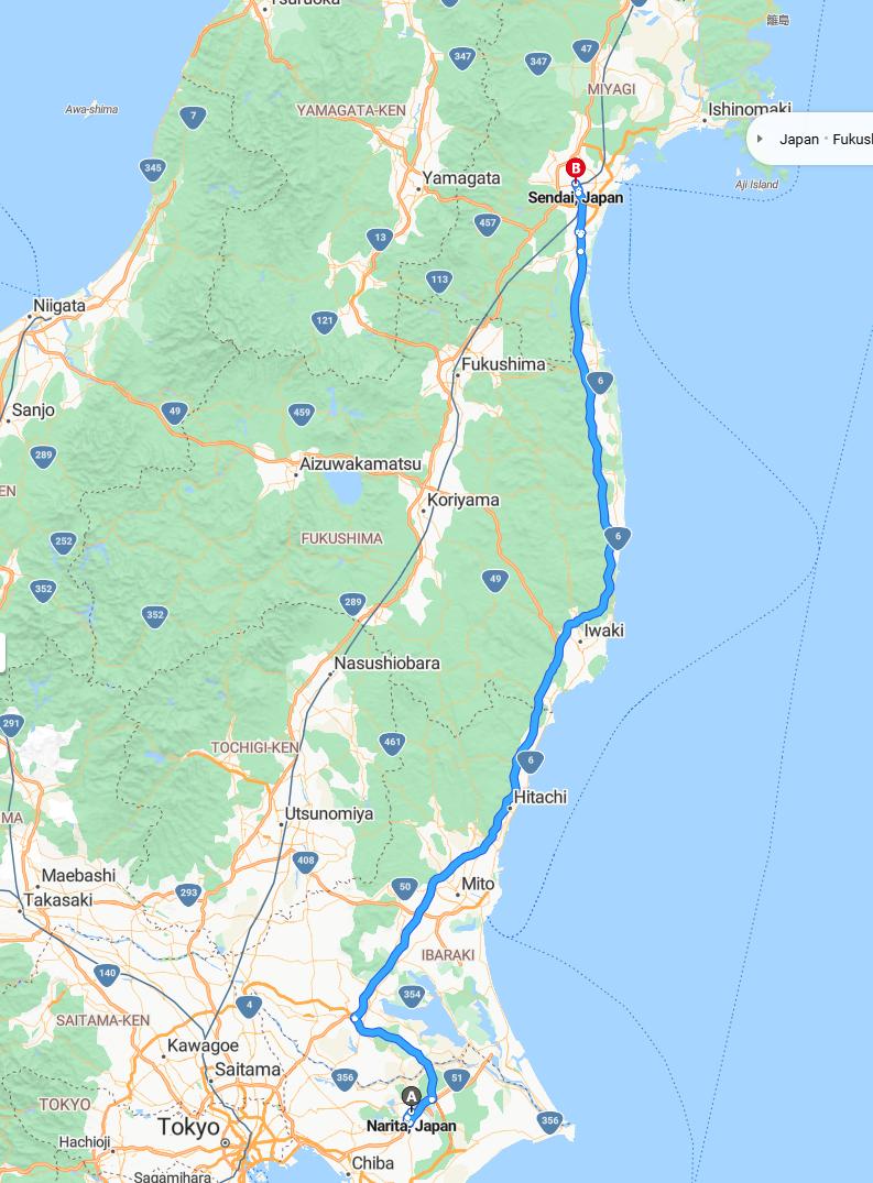 driving from Narita, Chiba to SendaiMiyagi - map and route
