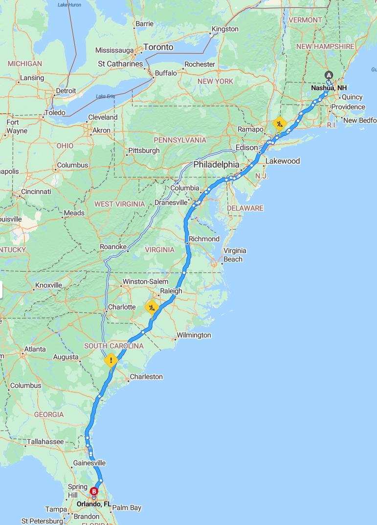 driving from Nashua, New Hampshire to OrlandoFlorida - map and route