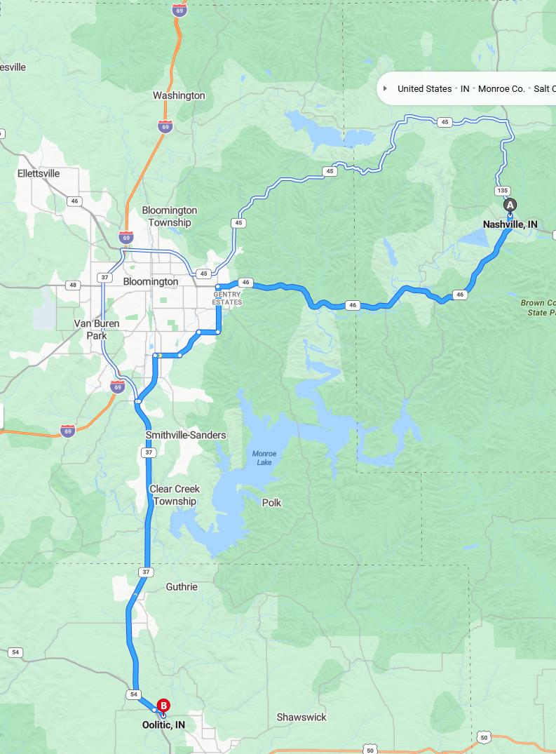 driving from Nashville, Indiana to OoliticIndiana - map and route