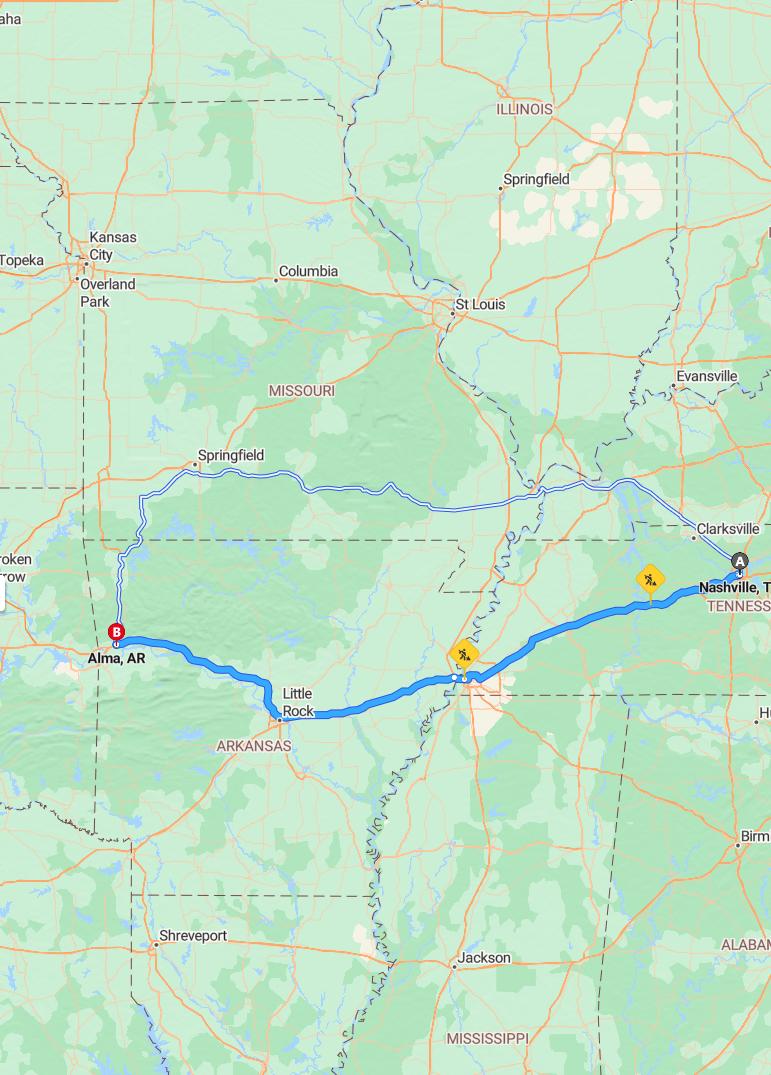 driving from Nashville, Tennessee to AlmaArkansas - map and route