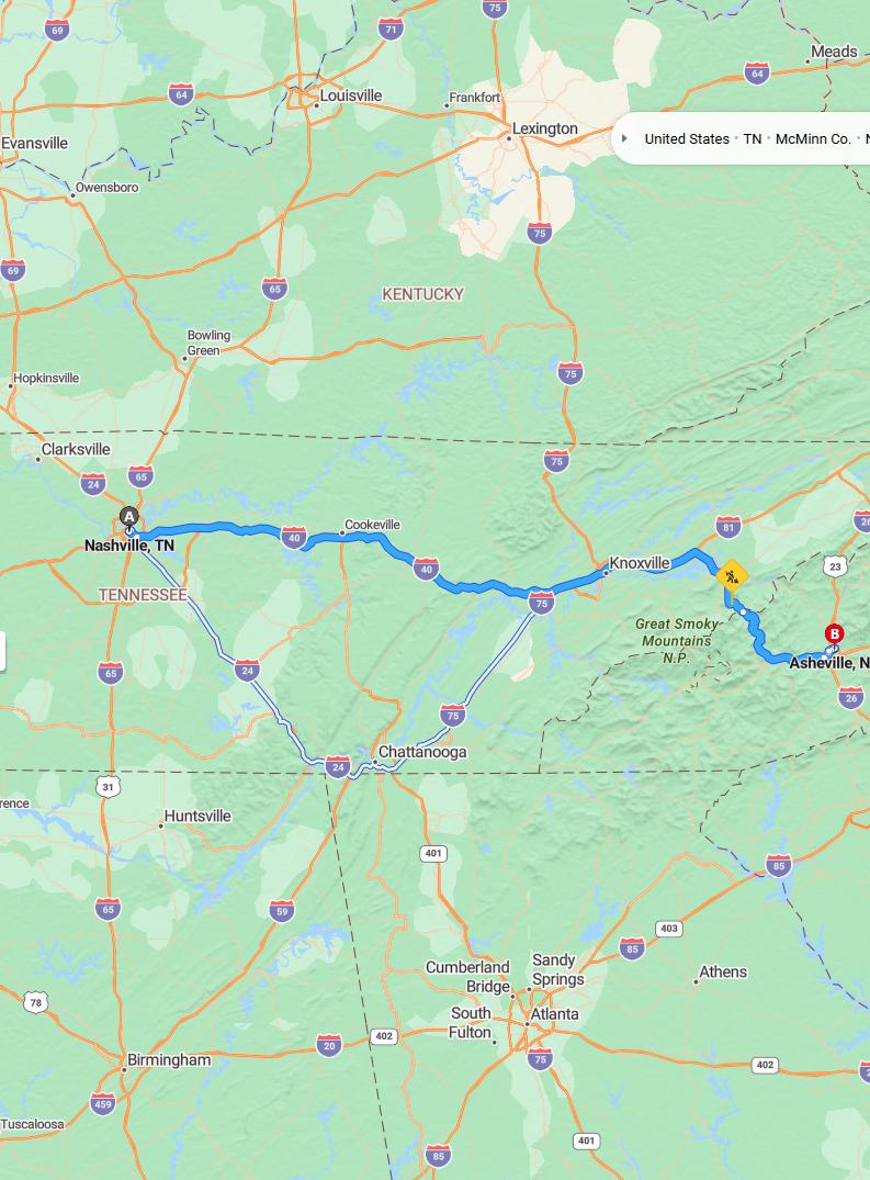driving from Nashville, Tennessee to AshevilleNorth Carolina - map and route