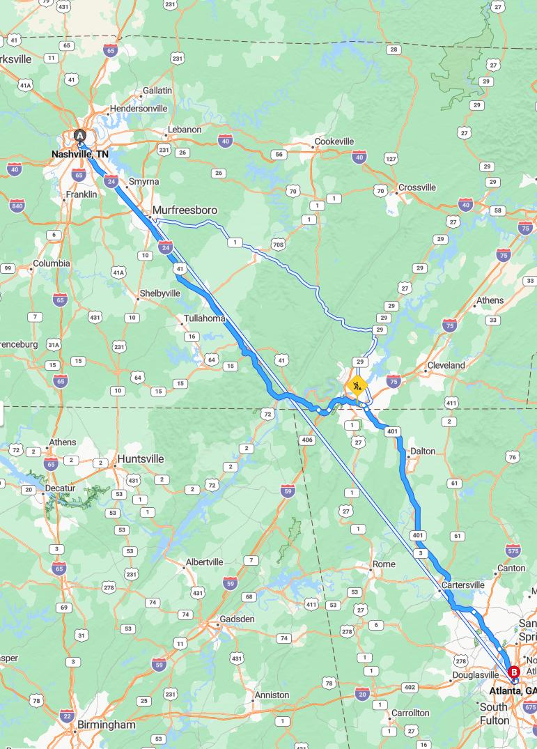 driving from Nashville, Tennessee to AtlantaGeorgia - map and route