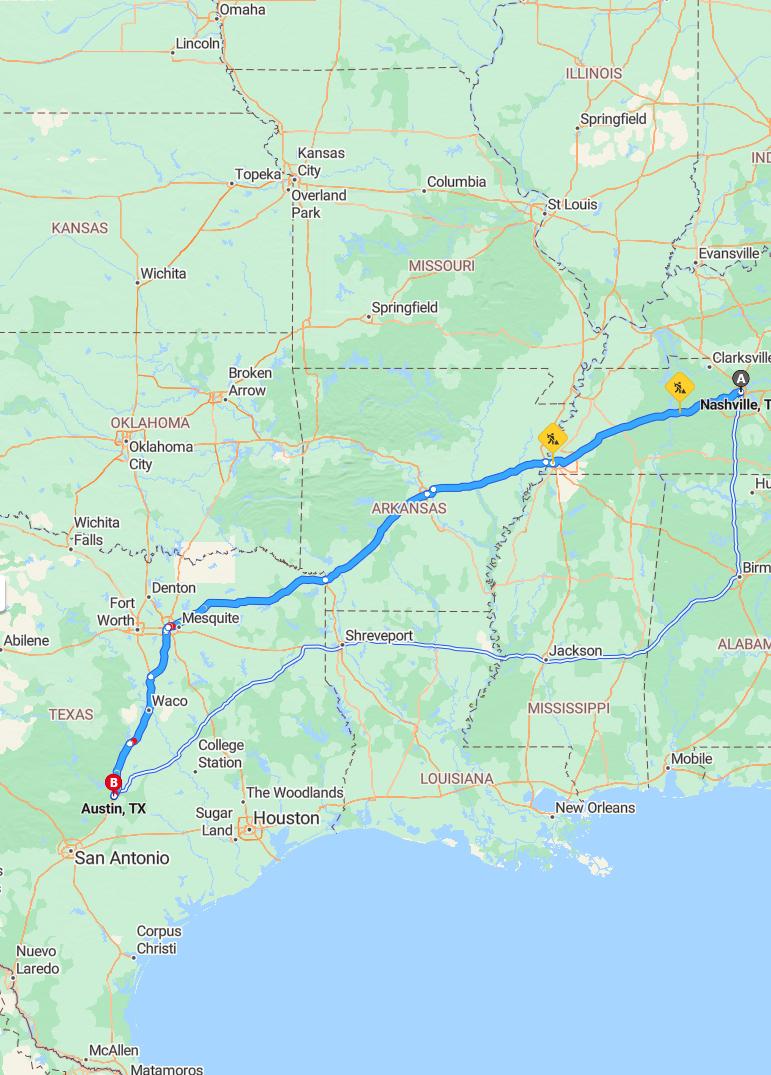 driving from Nashville, Tennessee to AustinTexas - map and route