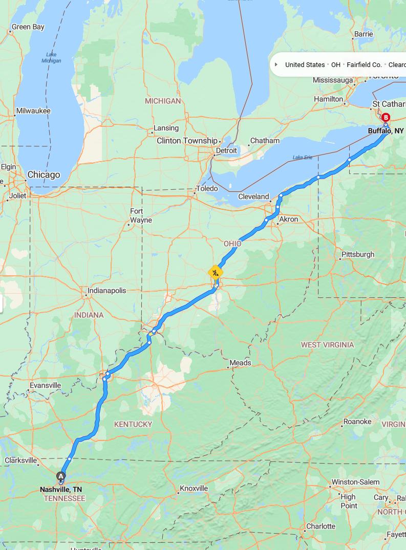 driving from Nashville, Tennessee to BuffaloNew York - map and route