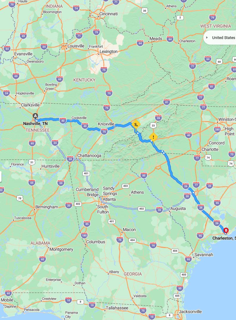 driving from Nashville, Tennessee to CharlestonSouth Carolina - map and route