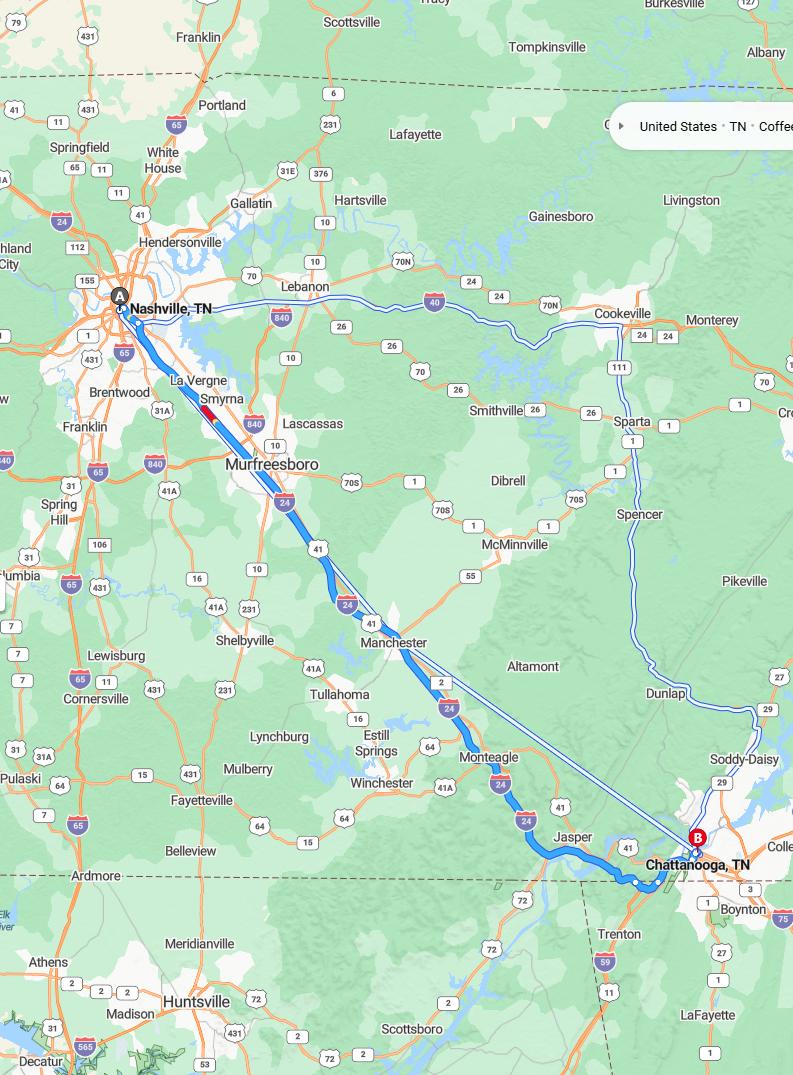 driving from Nashville, Tennessee to ChattanoogaTennessee - map and route