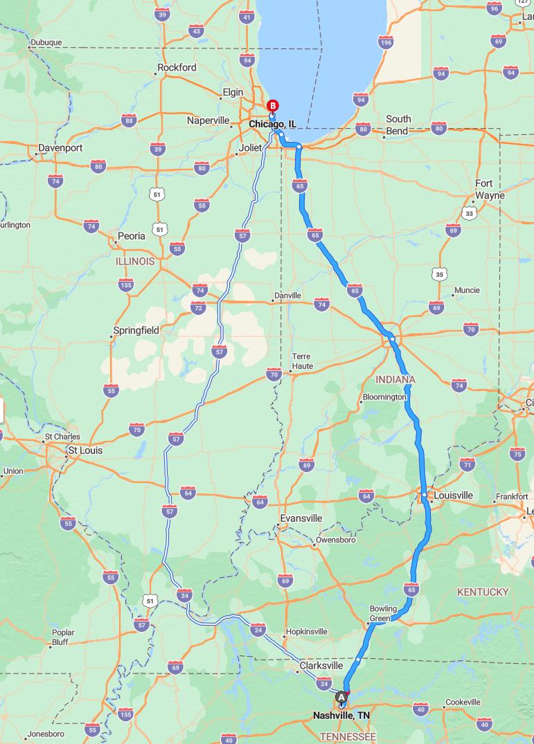 driving from Nashville, Tennessee to ChicagoIllinois - map and route