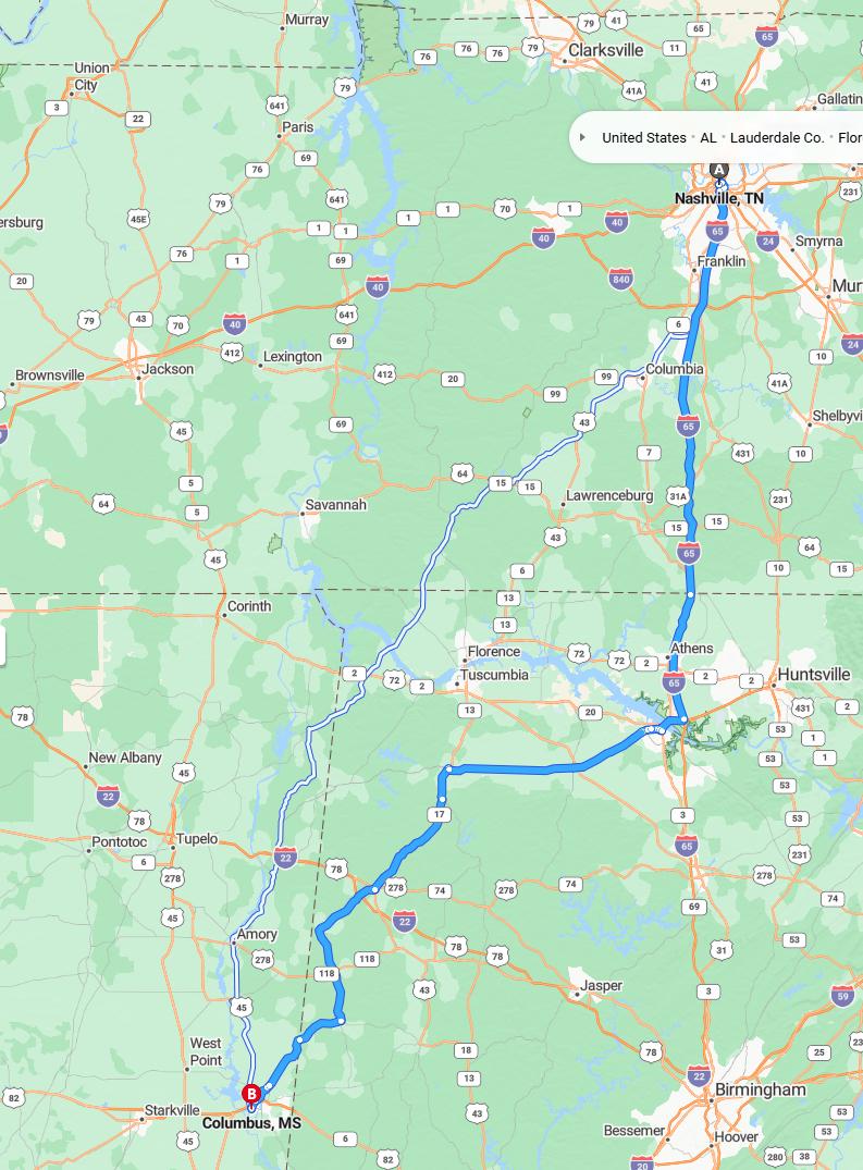 driving from Nashville, Tennessee to ColumbusMississippi - map and route
