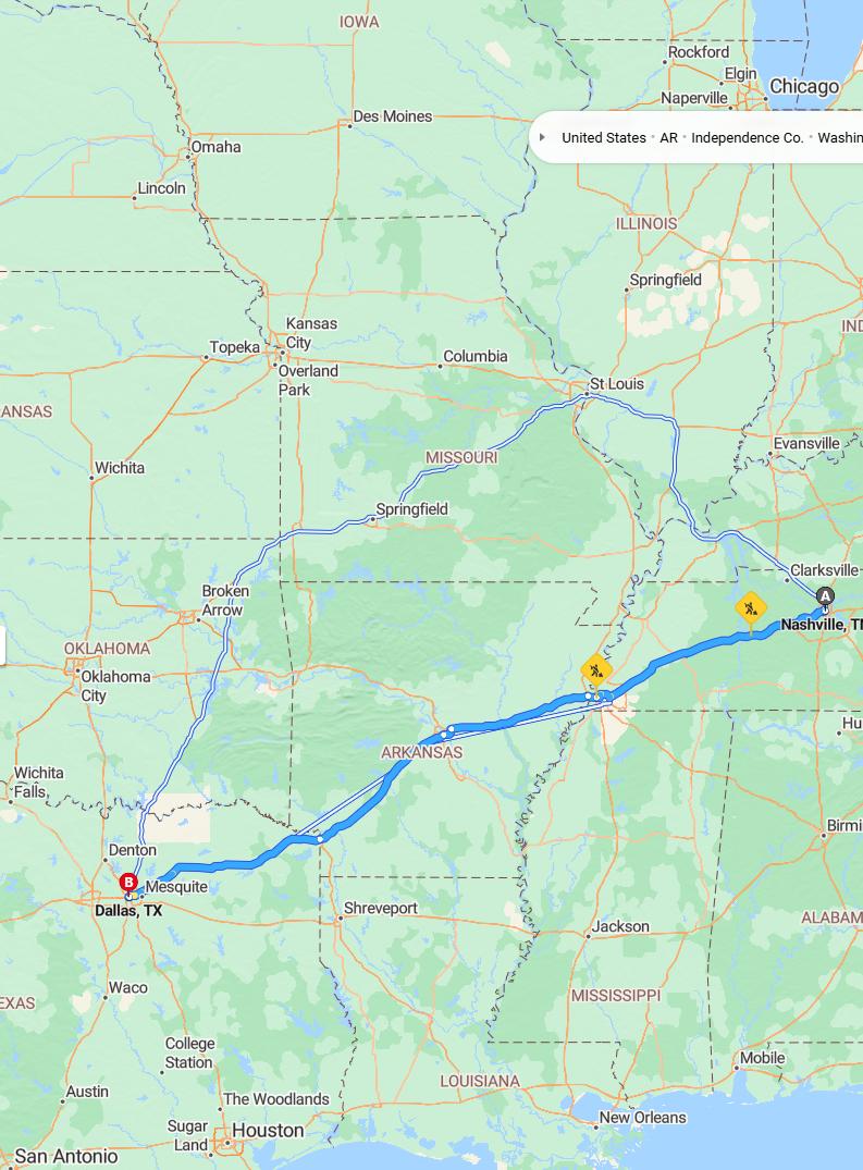 driving from Nashville, Tennessee to DallasTexas - map and route