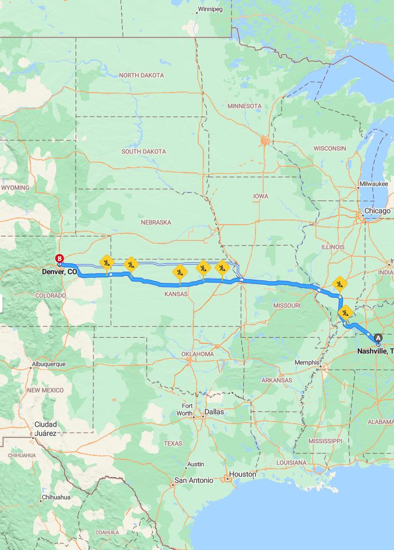 driving from Nashville, Tennessee to DenverColorado - map and route
