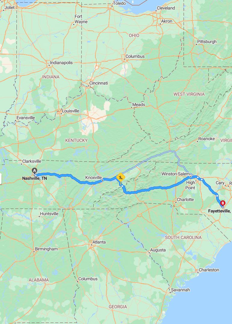 driving from Nashville, Tennessee to FayettevilleNorth Carolina - map and route