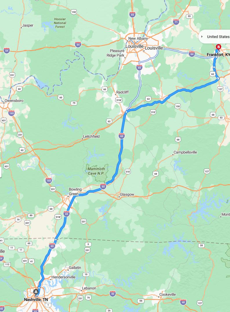 driving from Nashville, Tennessee to FrankfortKentucky - map and route