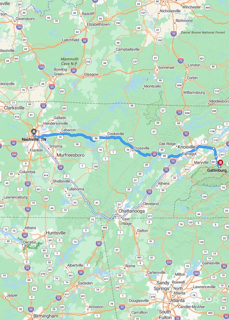 driving from Nashville, Tennessee to GatlinburgTennessee - map and route
