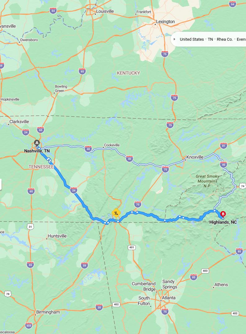 driving from Nashville, Tennessee to HighlandsNorth Carolina - map and route