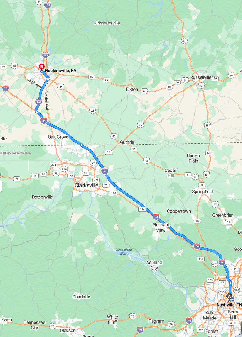 driving from Nashville, Tennessee to HopkinsvilleKentucky - map and route