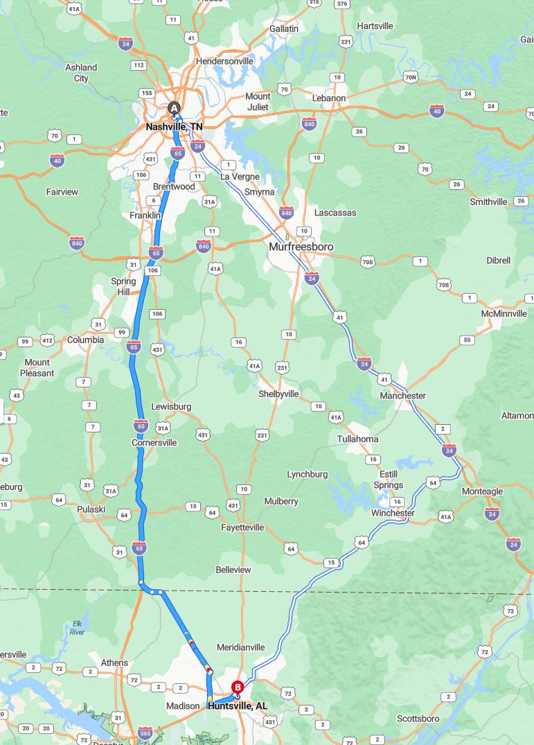 driving from Nashville, Tennessee to HuntsvilleAlabama - map and route