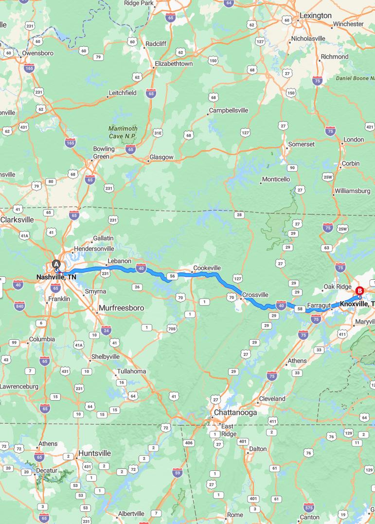 driving from Nashville, Tennessee to KnoxvilleTennessee - map and route