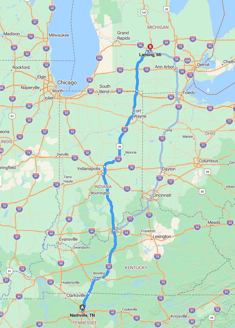 driving from Nashville, Tennessee to LansingMichigan - map and route