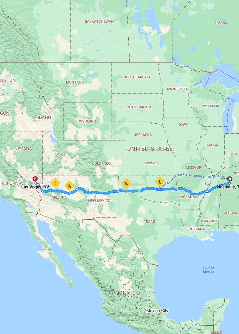 driving from Nashville, Tennessee to Las VegasNevada - map and route