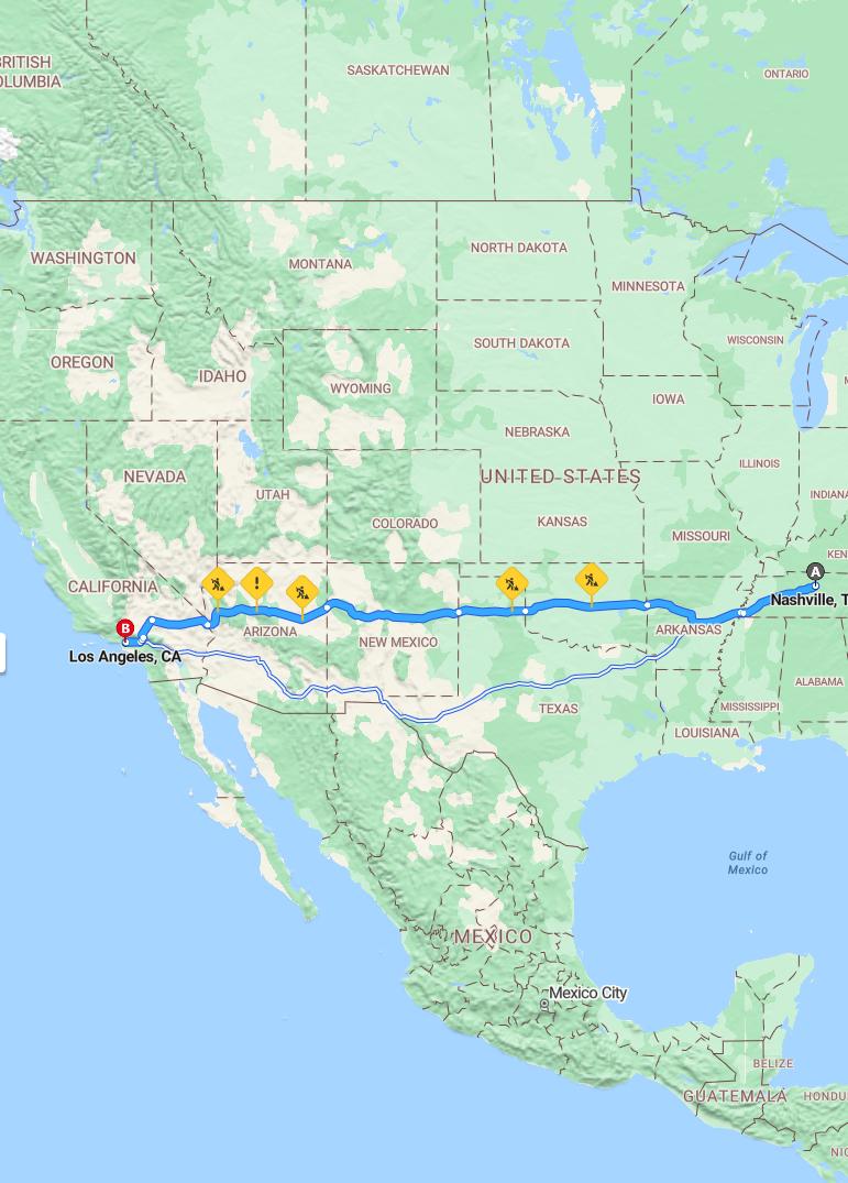 driving from Nashville, Tennessee to Los AngelesCalifornia - map and route