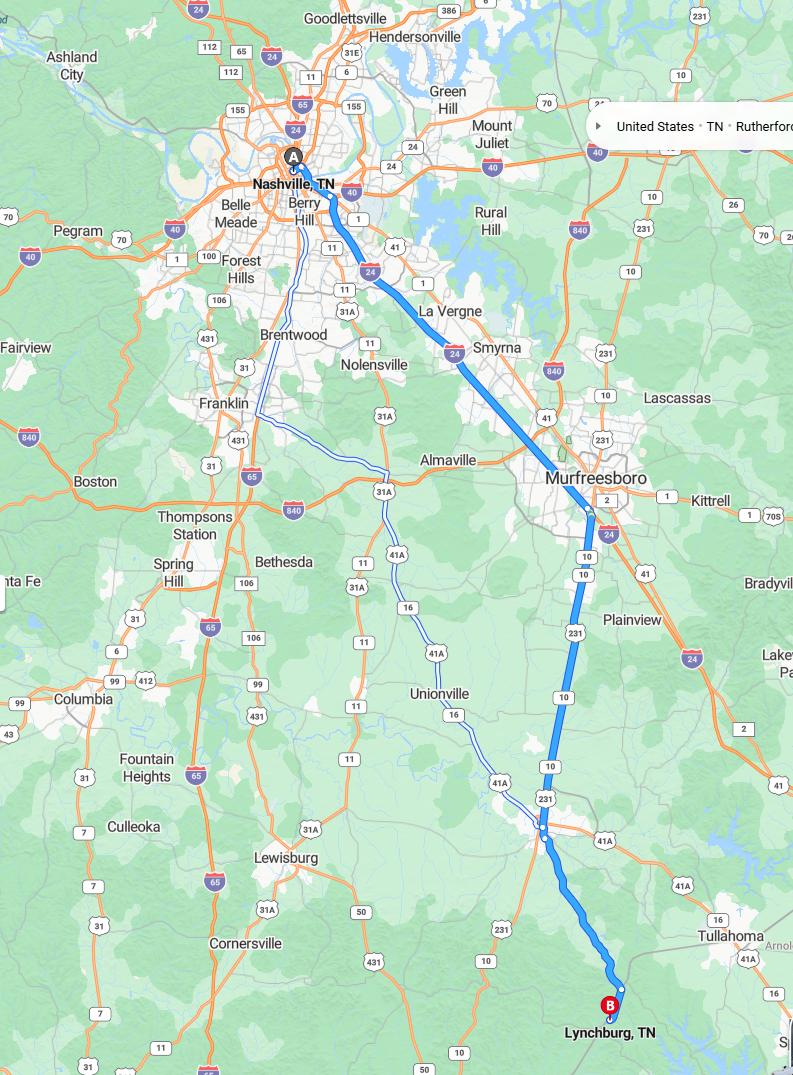 driving from Nashville, Tennessee to LynchburgTennessee - map and route