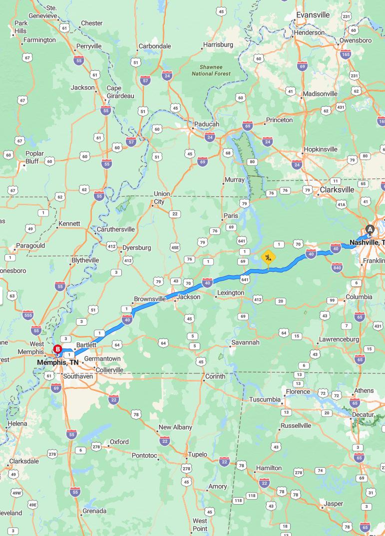 driving from Nashville, Tennessee to MemphisTennessee - map and route