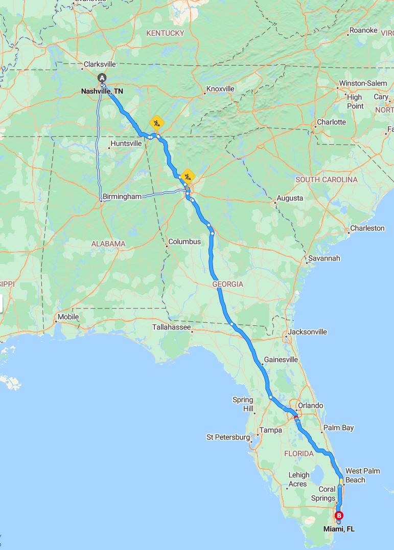 driving from Nashville, Tennessee to MiamiFlorida - map and route