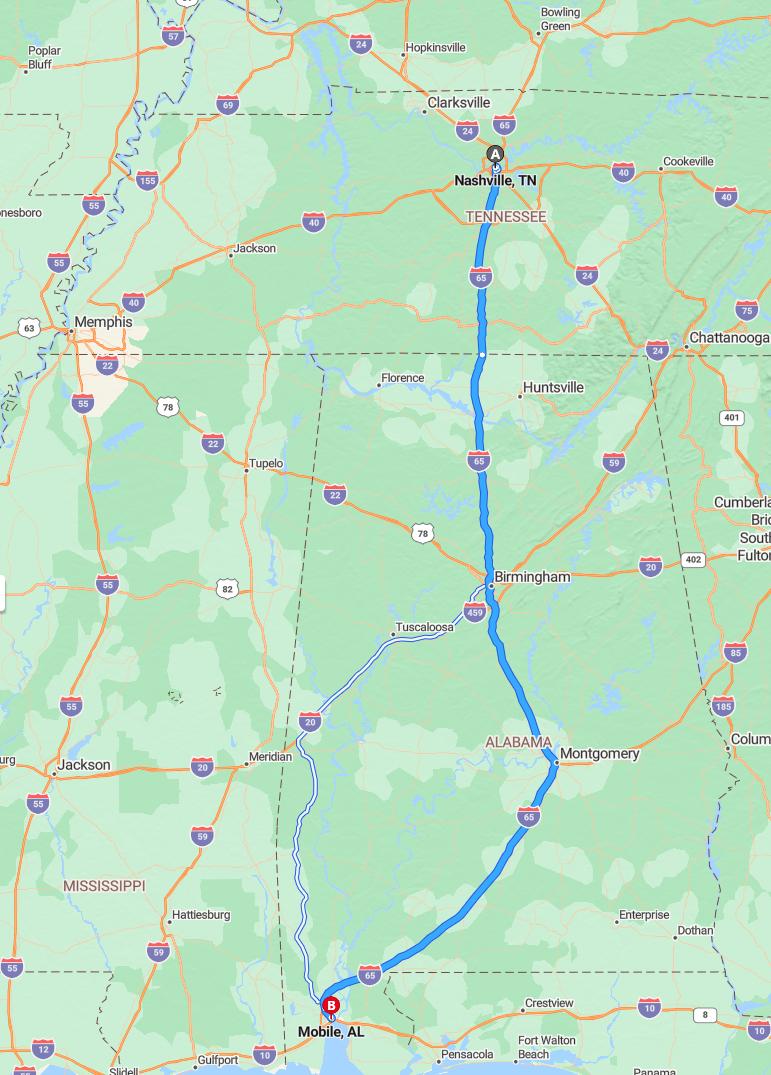 driving from Nashville, Tennessee to MobileAlabama - map and route