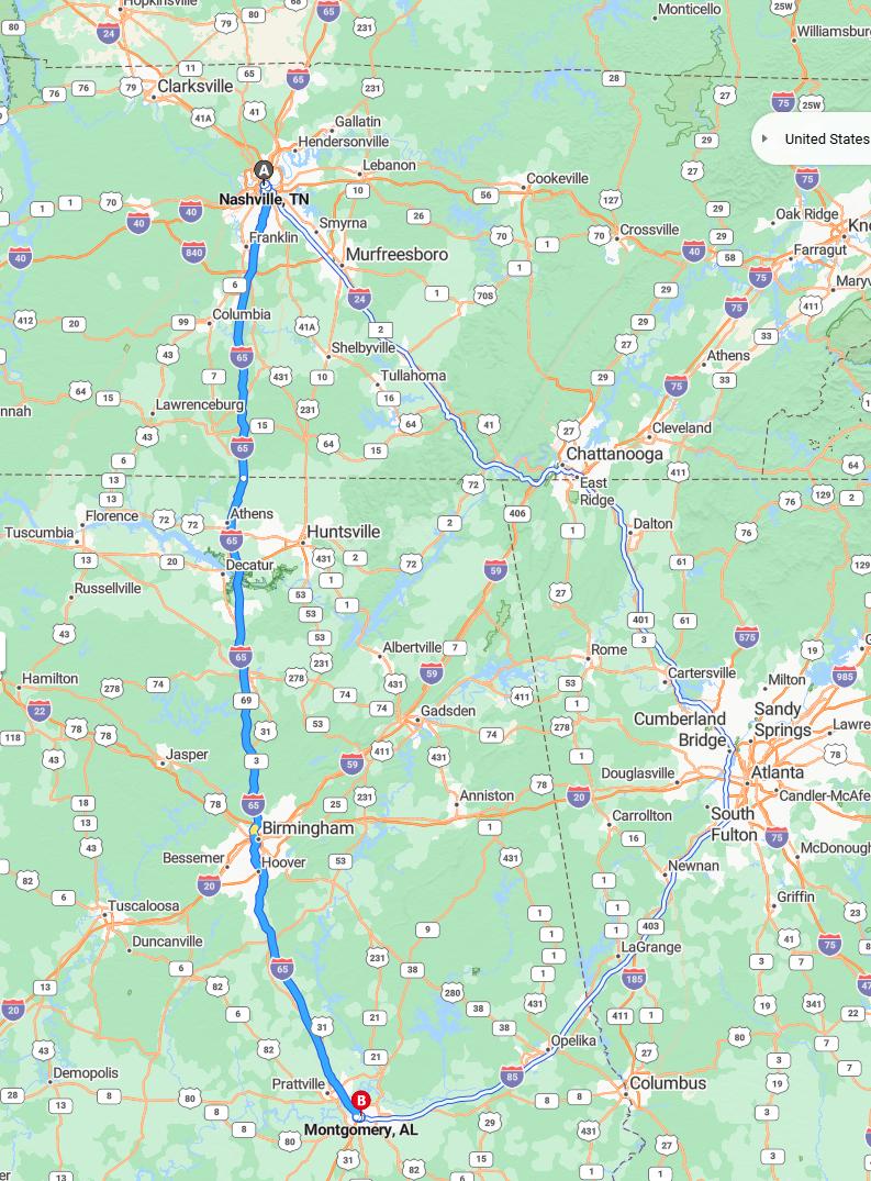 driving from Nashville, Tennessee to MontgomeryAlabama - map and route