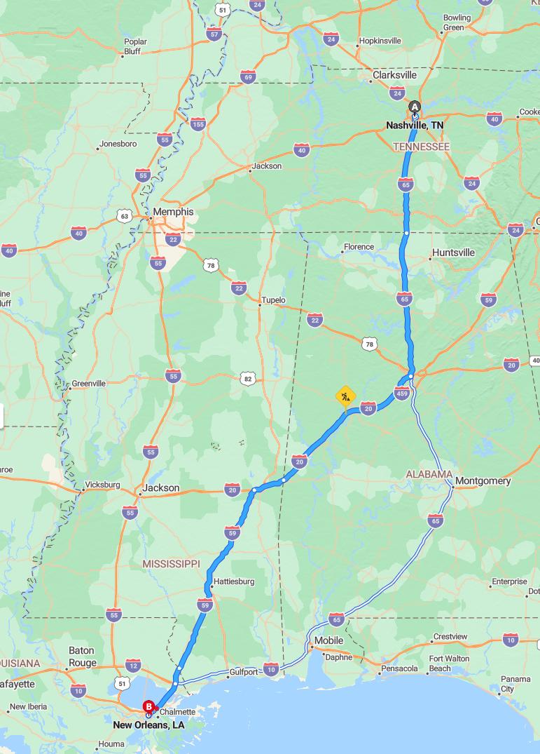 driving from Nashville, Tennessee to New OrleansLouisiana - map and route