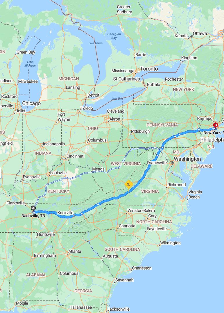 driving from Nashville, Tennessee to New York CityNew York - map and route