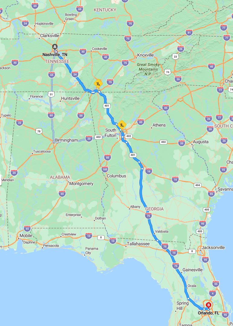 driving from Nashville, Tennessee to OrlandoFlorida - map and route