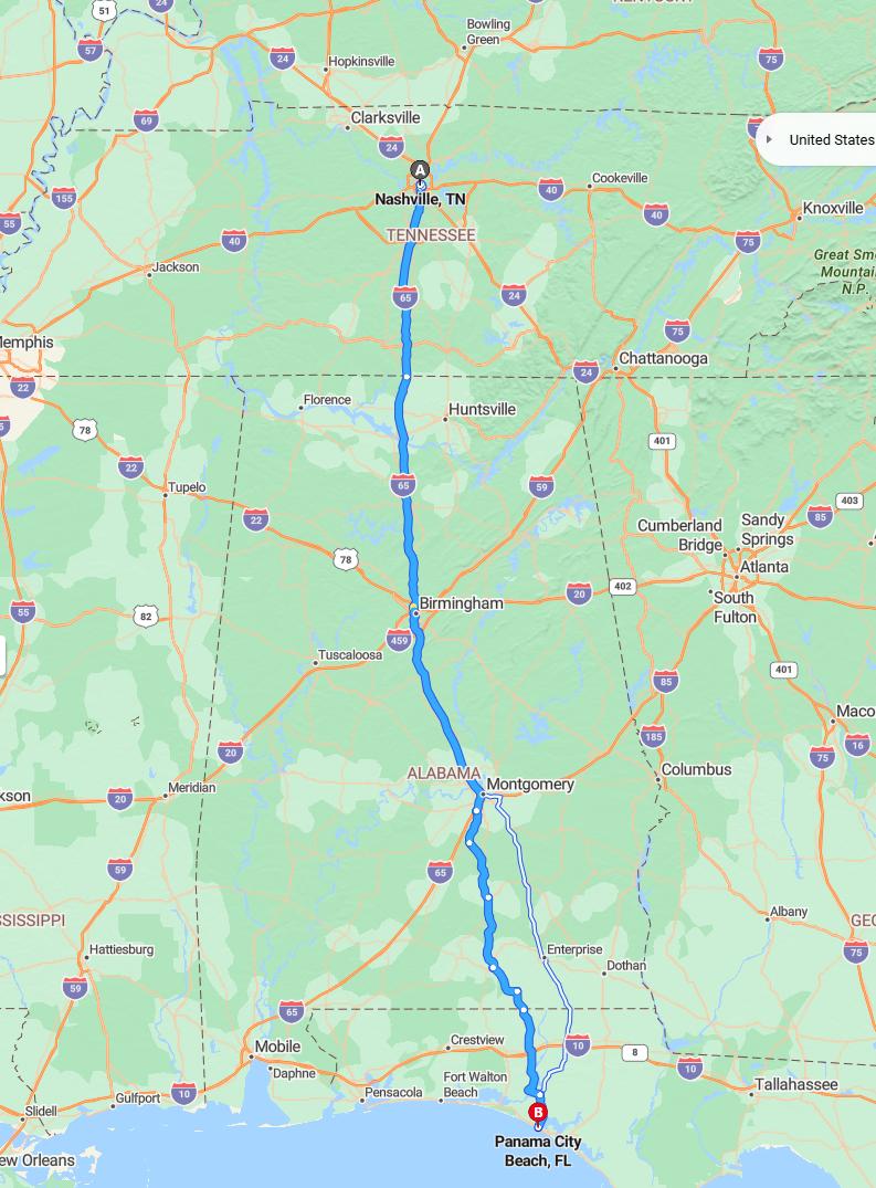 driving from Nashville, Tennessee to Panama City BeachFlorida - map and route