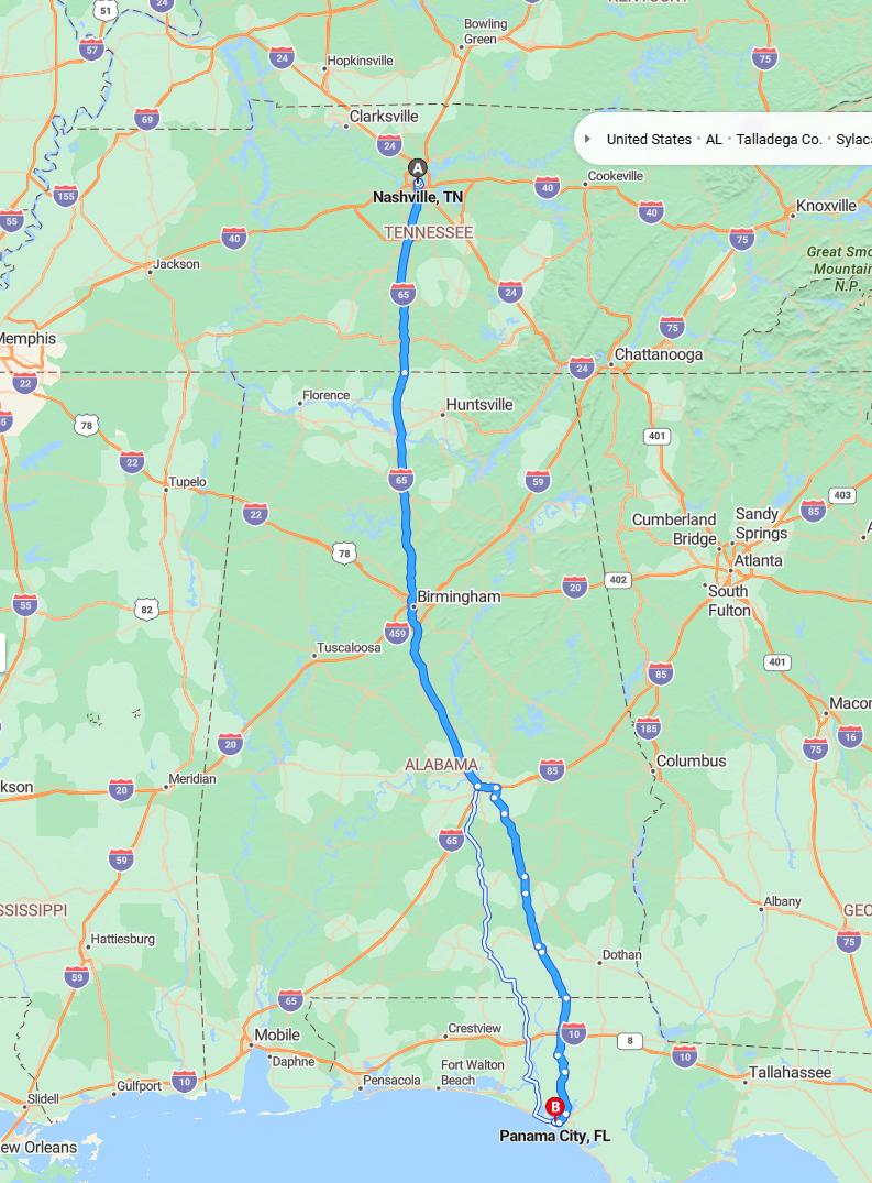 driving from Nashville, Tennessee to Panama CityFlorida - map and route