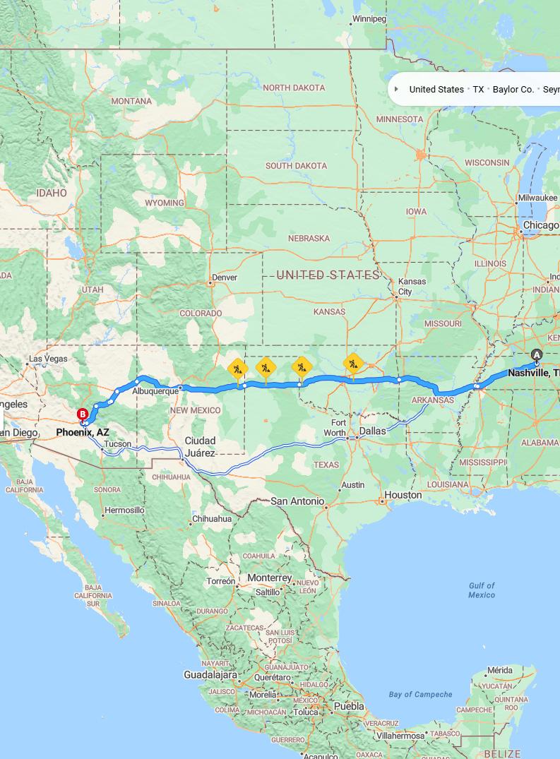 driving from Nashville, Tennessee to PhoenixArizona - map and route