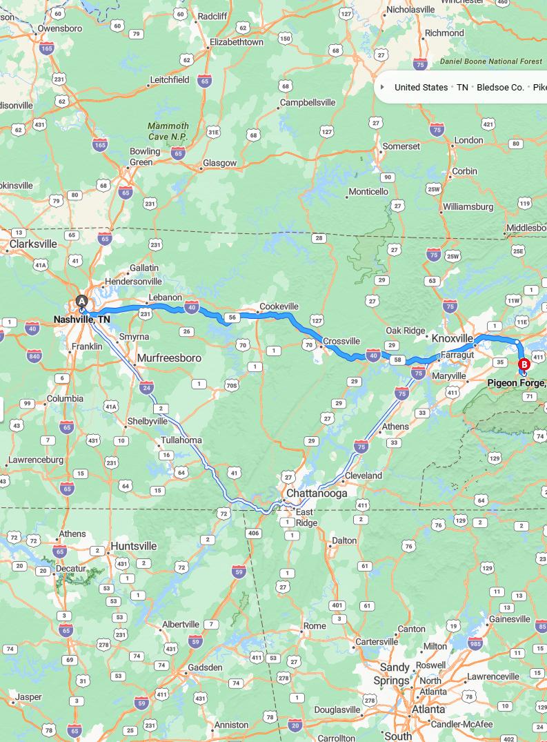 driving from Nashville, Tennessee to Pigeon ForgeTennessee - map and route