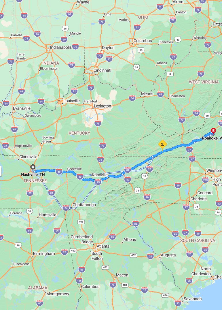 driving from Nashville, Tennessee to RoanokeVirginia - map and route
