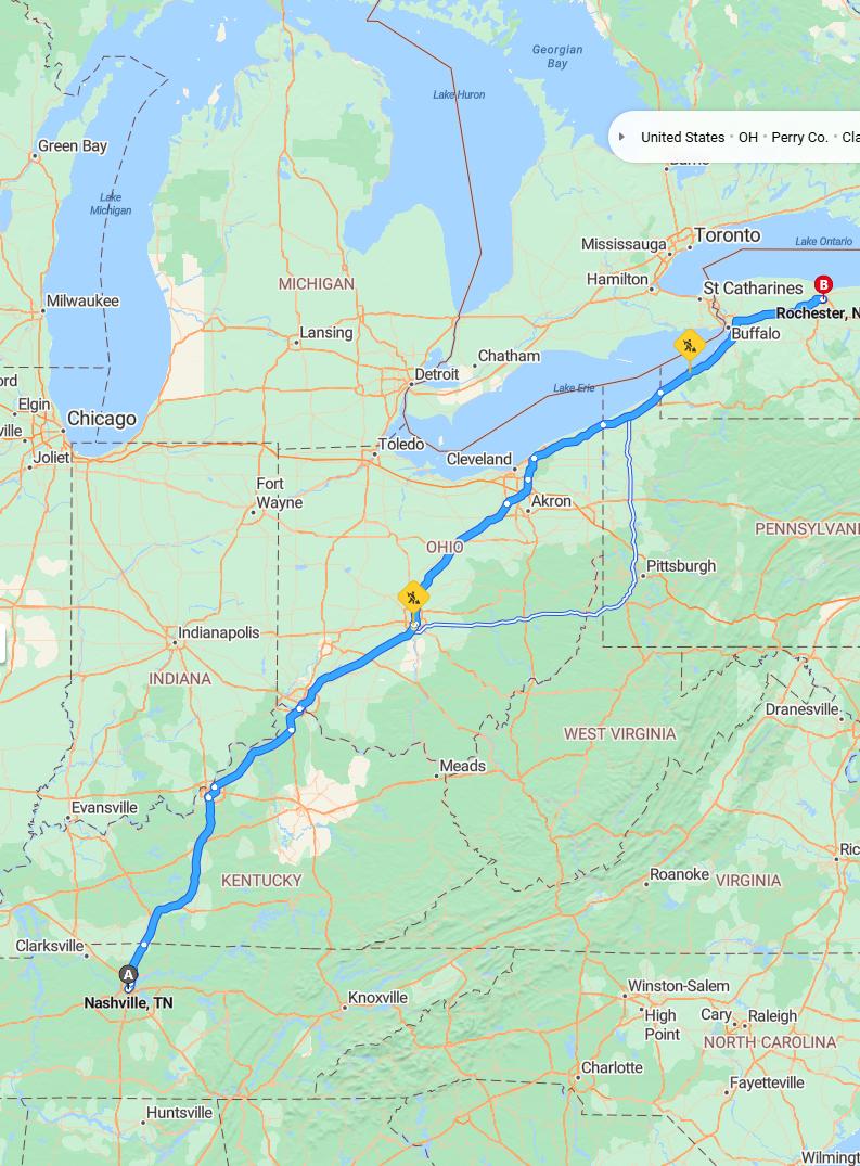 driving from Nashville, Tennessee to RochesterNew York - map and route
