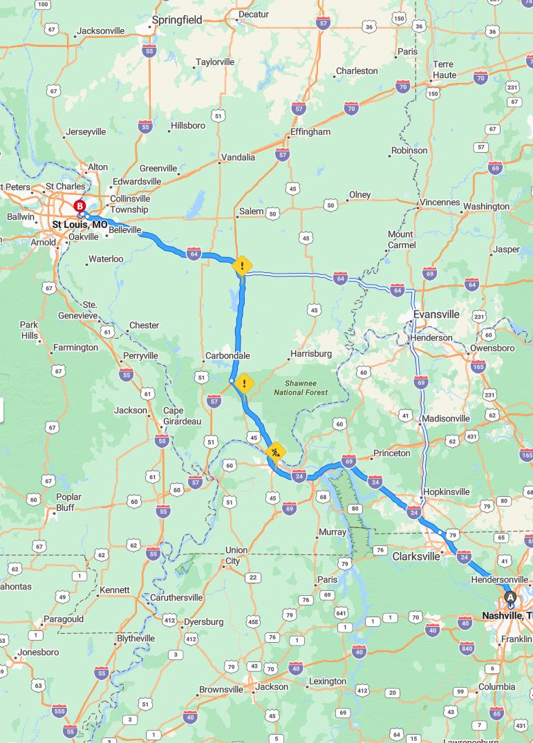 driving from Nashville, Tennessee to Saint LouisMissouri - map and route