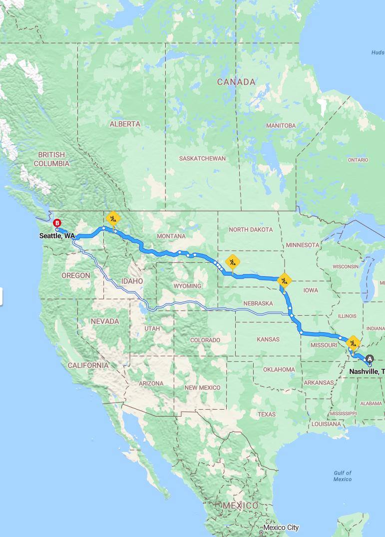 driving from Nashville, Tennessee to SeattleWashington - map and route