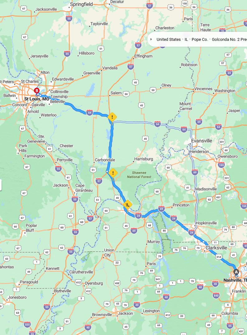 driving from Nashville, Tennessee to St. LouisMissouri - map and route