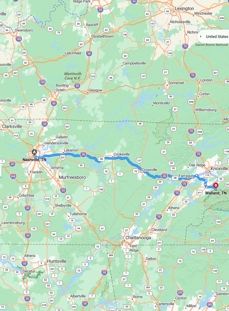 driving from Nashville, Tennessee to WallandTennessee - map and route
