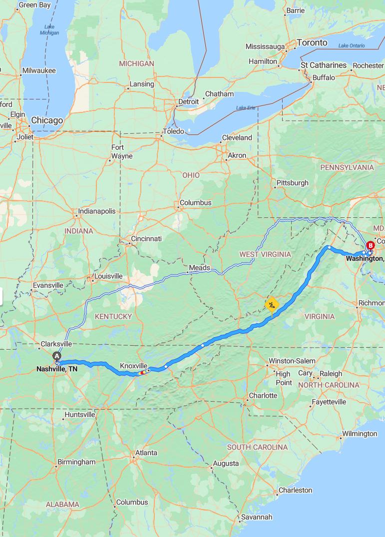 driving from Nashville, Tennessee to WashingtonDistrict of Columbia - map and route
