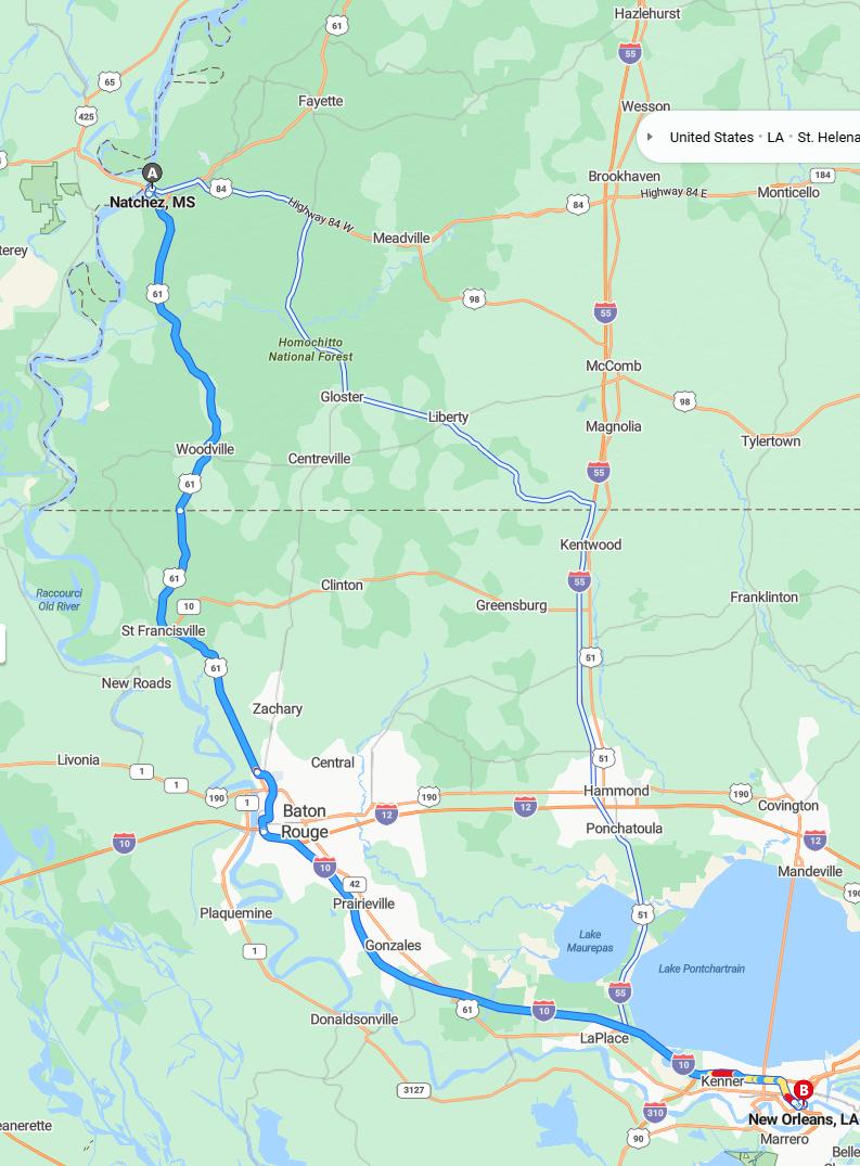 driving from Natchez, Mississippi to New OrleansLouisiana - map and route