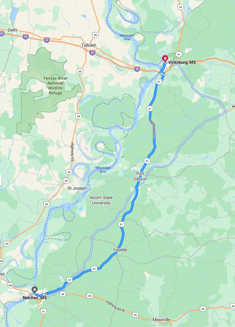 driving from Natchez, Mississippi to VicksburgMississippi - map and route