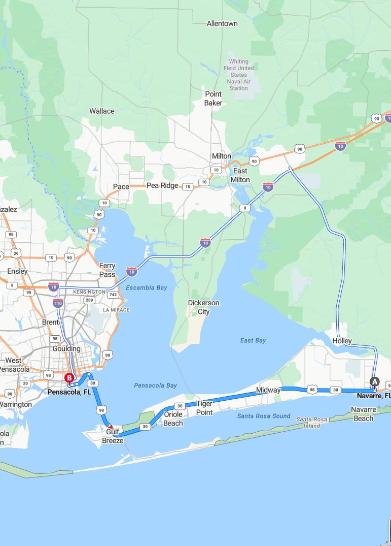 driving from Navarre, Florida to PensacolaFlorida - map and route