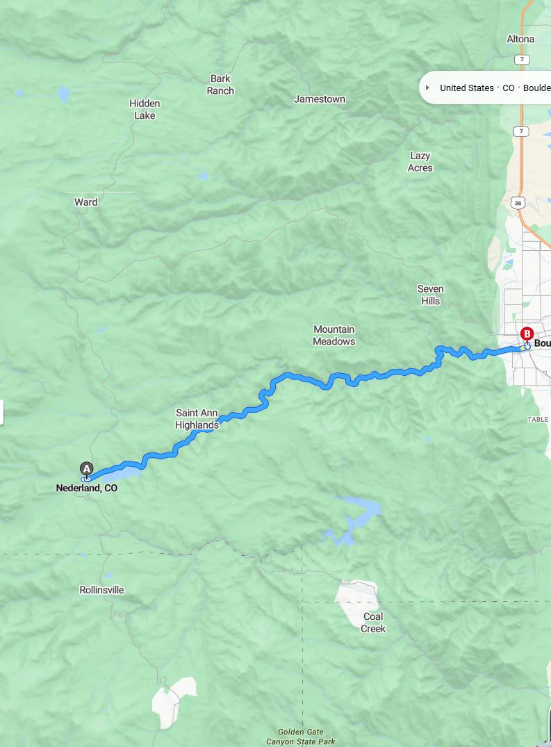 driving from Nederland, Colorado to BoulderColorado - map and route